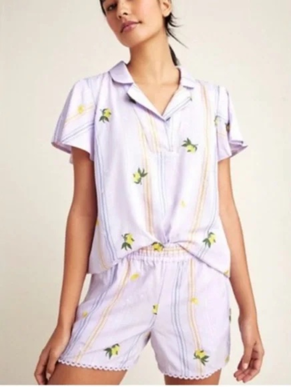 Anthropologie Lemon embroidered pyjama set